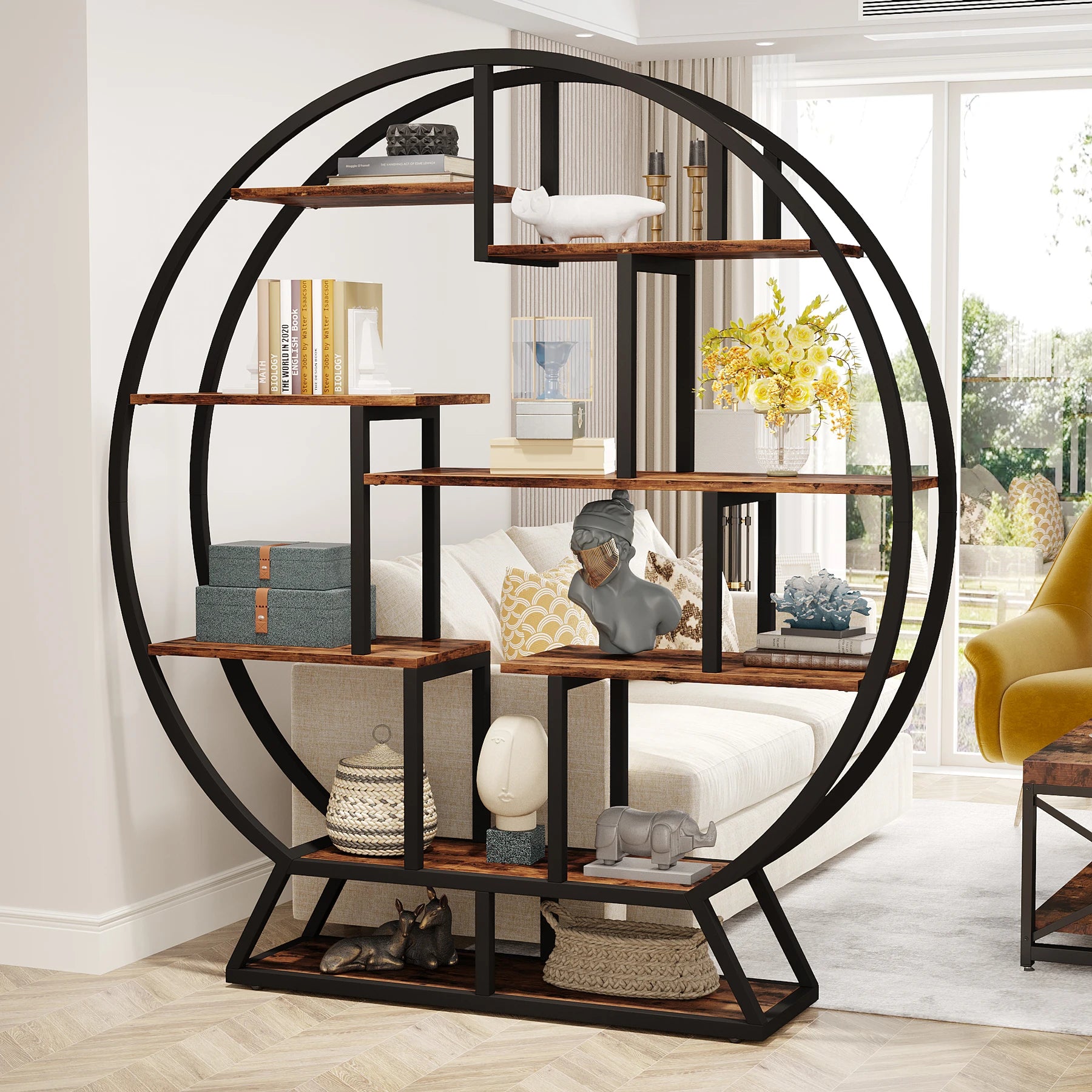 Tribesigns Bookshelf, Round Bookshelves Etagere c, 63-Inch Industrial Wood Book Shelf with Staggered Shelves