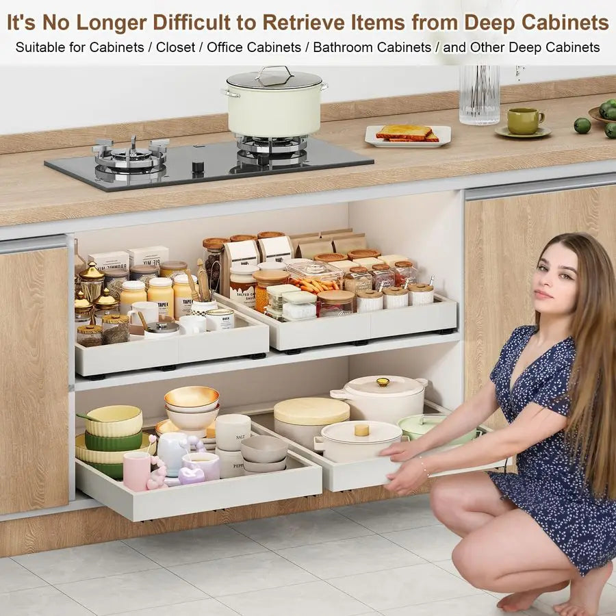 slide out Cabinet Organizer,Width 1421 and Depth 1724 Expandable With 3 Rails,No Drill Adjustable Slide out Drawers for Kitchen,Pantry