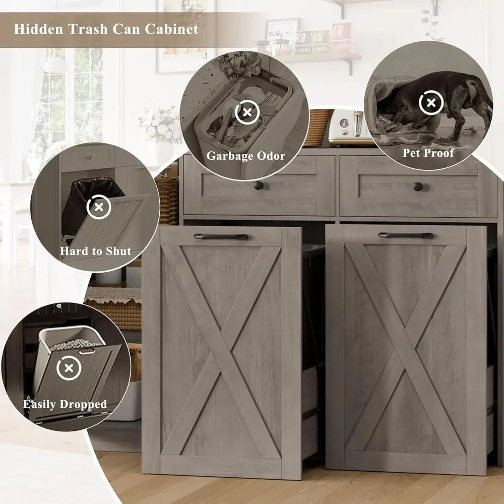 71" Kitchen Pantry with 12.5 Gallon Double Trash Can Cabinet, Grey | armhouse Garbage Can Cabinet with Pull Out Trash Can Storag