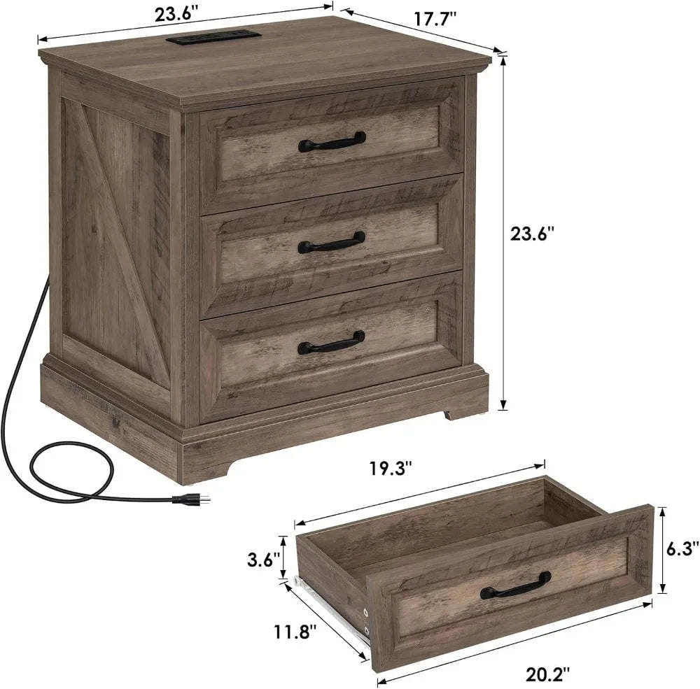 Farmhouse Nightstand with Charging Station, 3 Drawers, USB & AC Ports, Rustic Wood Bedside Table for Bedroom