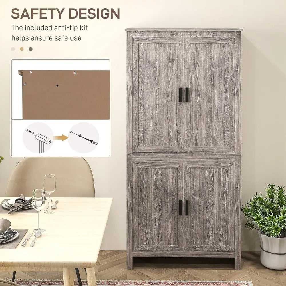 64" Kitchen Pantry Cabinet, freestanding Storage Cabinet with 4 Doors and 3 Adjustable Shelves or Dining Room, Gray Oak