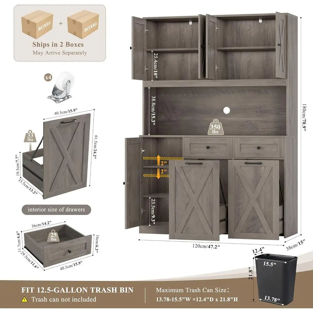 71" Kitchen Pantry with 12.5 Gallon Double Trash Can Cabinet, Grey | armhouse Garbage Can Cabinet with Pull Out Trash Can Storag