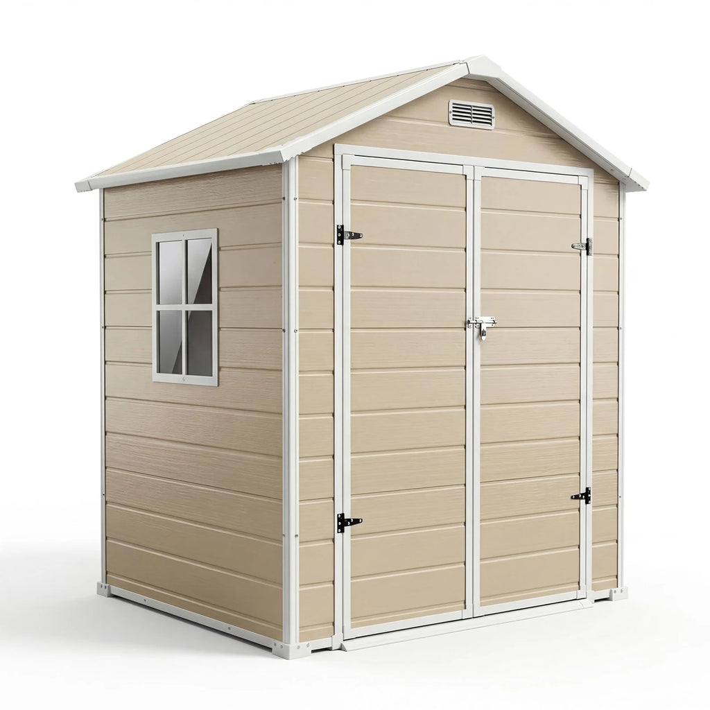 6x4 FT Resin Outdoor Storage Shed, Double Wall Waterproof Lockable Garden Tool Shed With Window, Double Doors For Bike Lawn Mower Patio