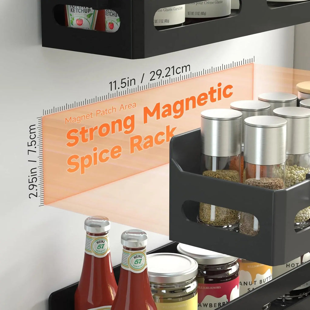 Seven Blue 4-Piece Magnetic Spice Refrigerator Rack with Hooks, Black  Rugged multi-purpose magnetic rack for kitchen and bathroom organization. Includes 4 removable hooks for hanging items.