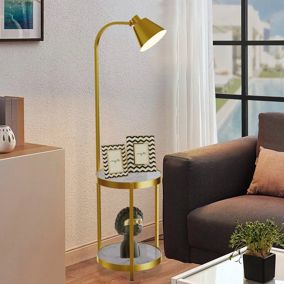 Modern Gold 2-Tier Tall Standing Floor Lamp with Storage Table Reading Light for Bedroom Office Living Room Reading Light