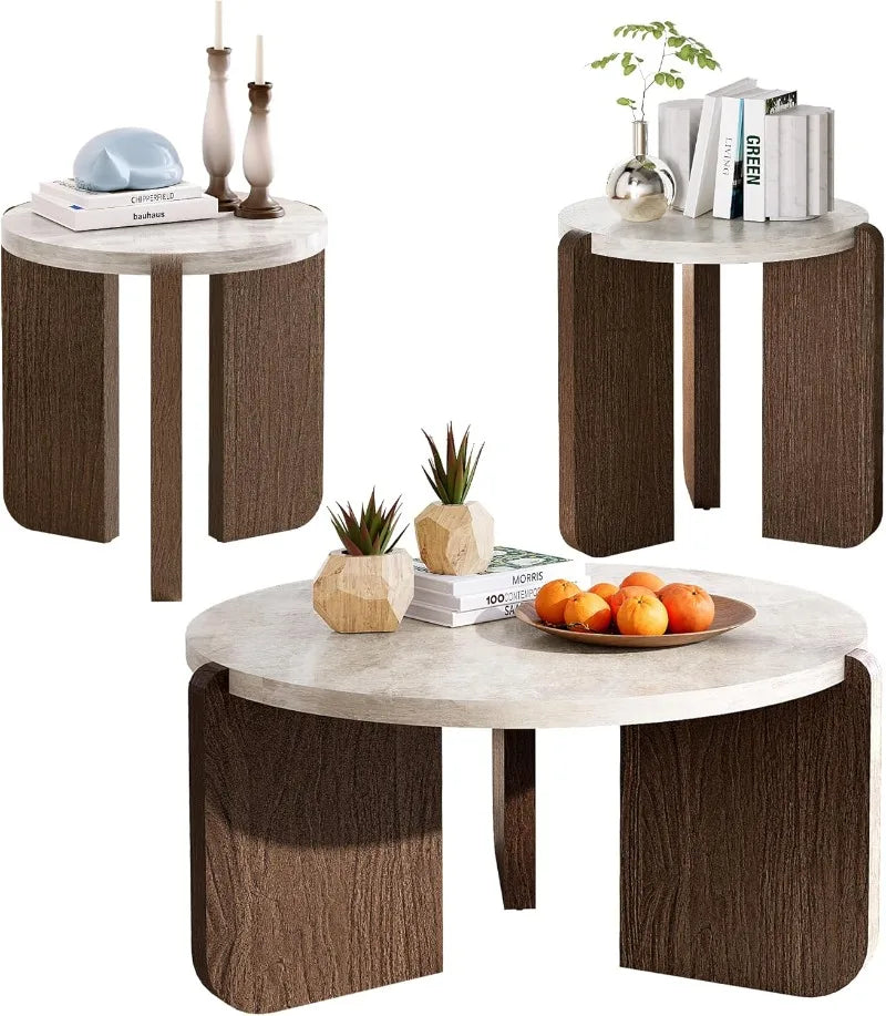 Coffee Table and End Table Sets, Round Marble Modern 3-Piece Living Room Table Set for Office, Living Room, Apartment