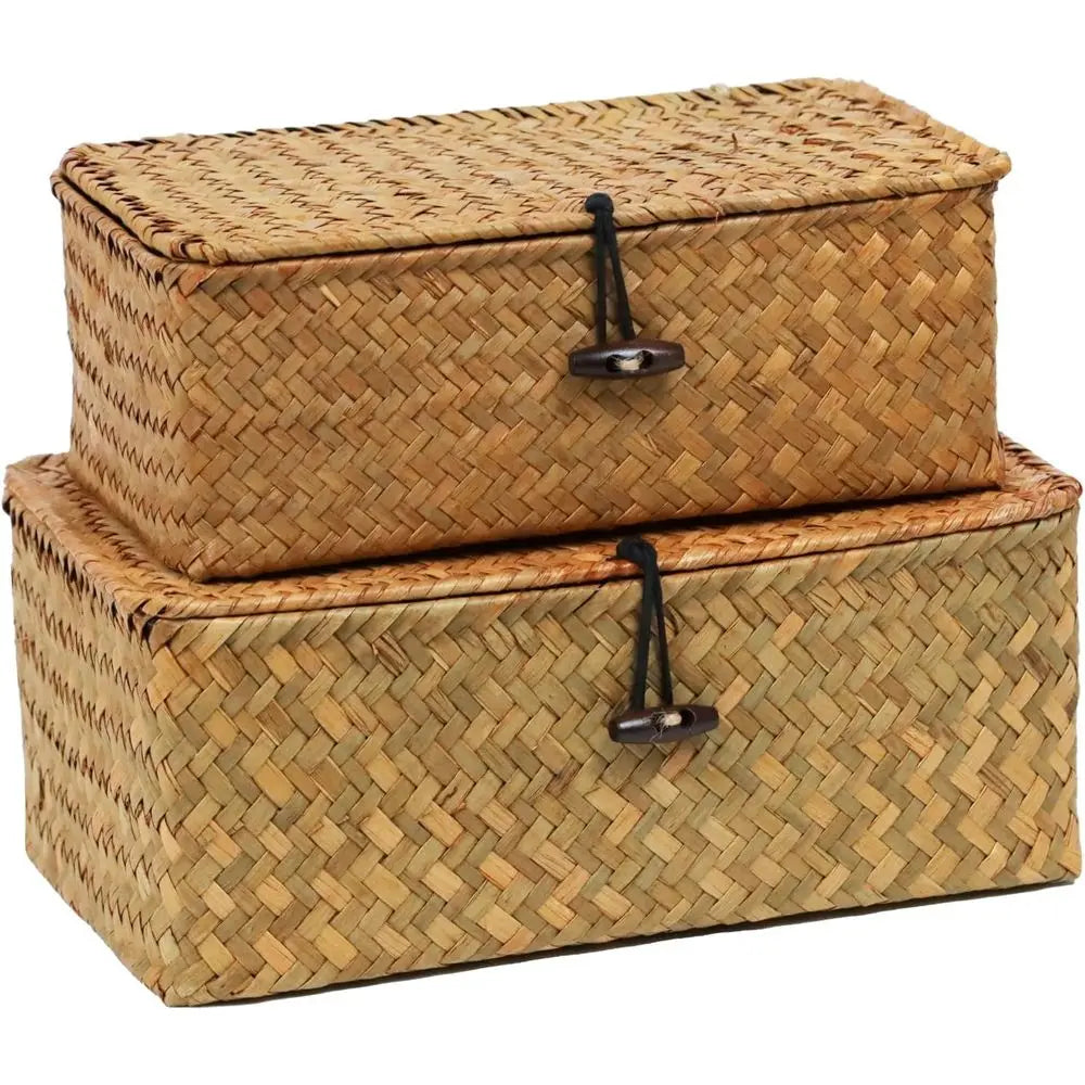 Set of 2 Wicker Baskets with Lid, Seagrass Storage Baskets, Decorative and Organizing Home