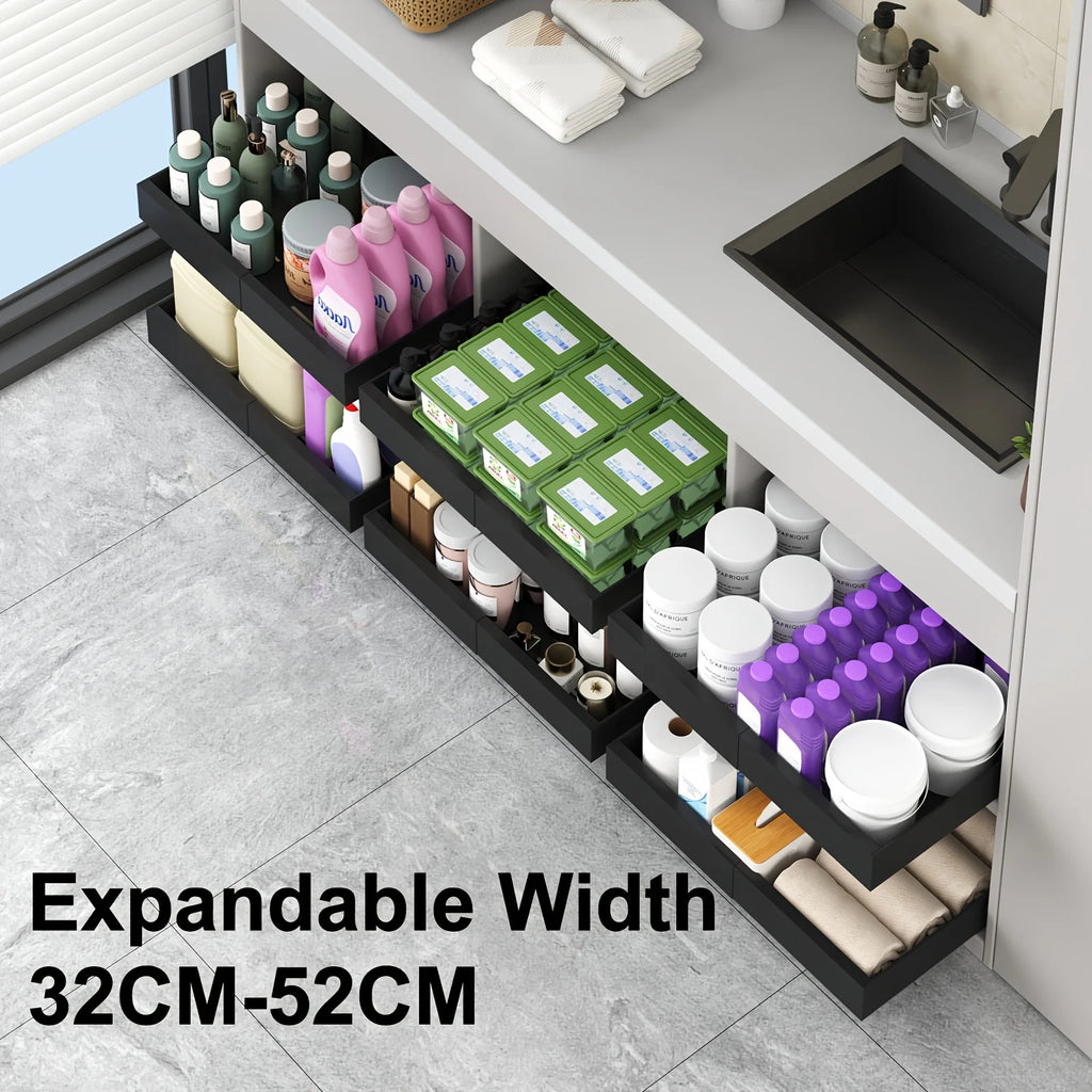 2/4/6pcs Expandable Pull Out Drawers for Kitchen Cabinets Sliding Storage Shelves, Heavy Duty Carbon Steel Pantry Organizer, No Drill Under Sink Roll Out Basket, Easy Access Cabinet Shelf for Bathroom & Laundry