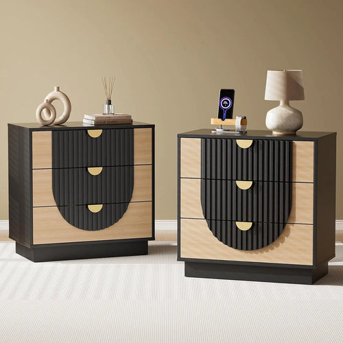 3 Drawer Nightstand with Charging Station, 28" Fluted Night Stand & Modern Bedside Table, Wood End Table Storage Cabinet