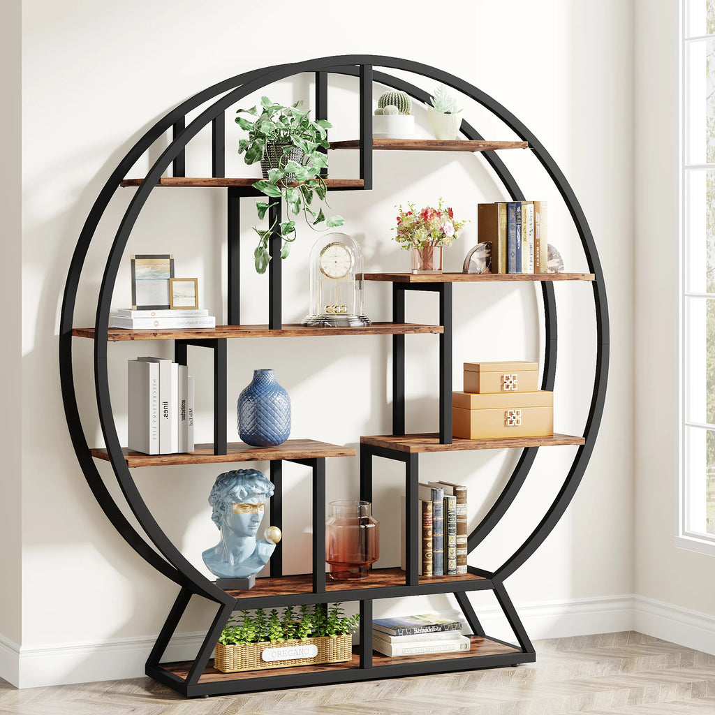 Tribesigns Bookshelf, Round Bookshelves Etagere c, 63-Inch Industrial Wood Book Shelf with Staggered Shelves