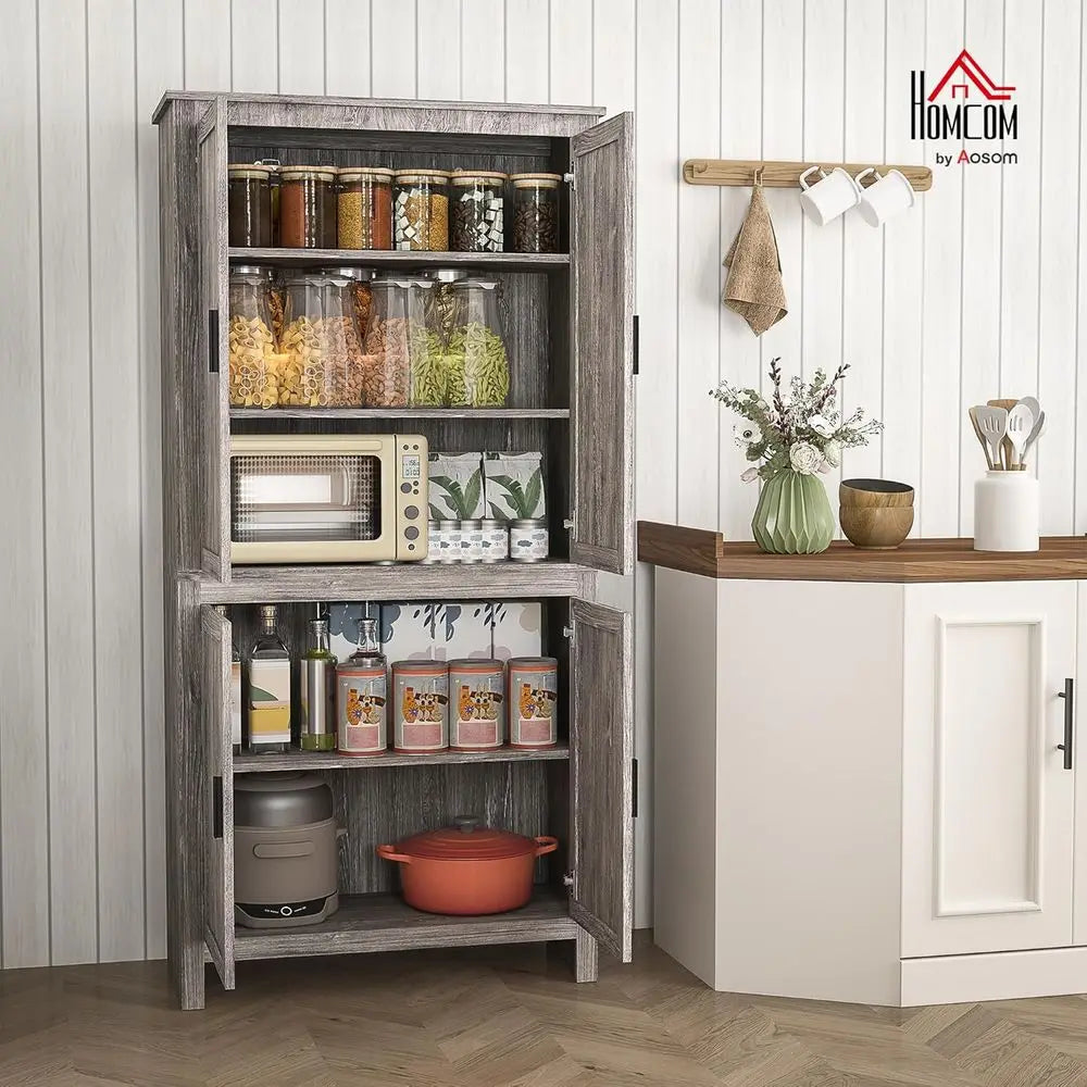 64" Kitchen Pantry Cabinet, freestanding Storage Cabinet with 4 Doors and 3 Adjustable Shelves or Dining Room, Gray Oak