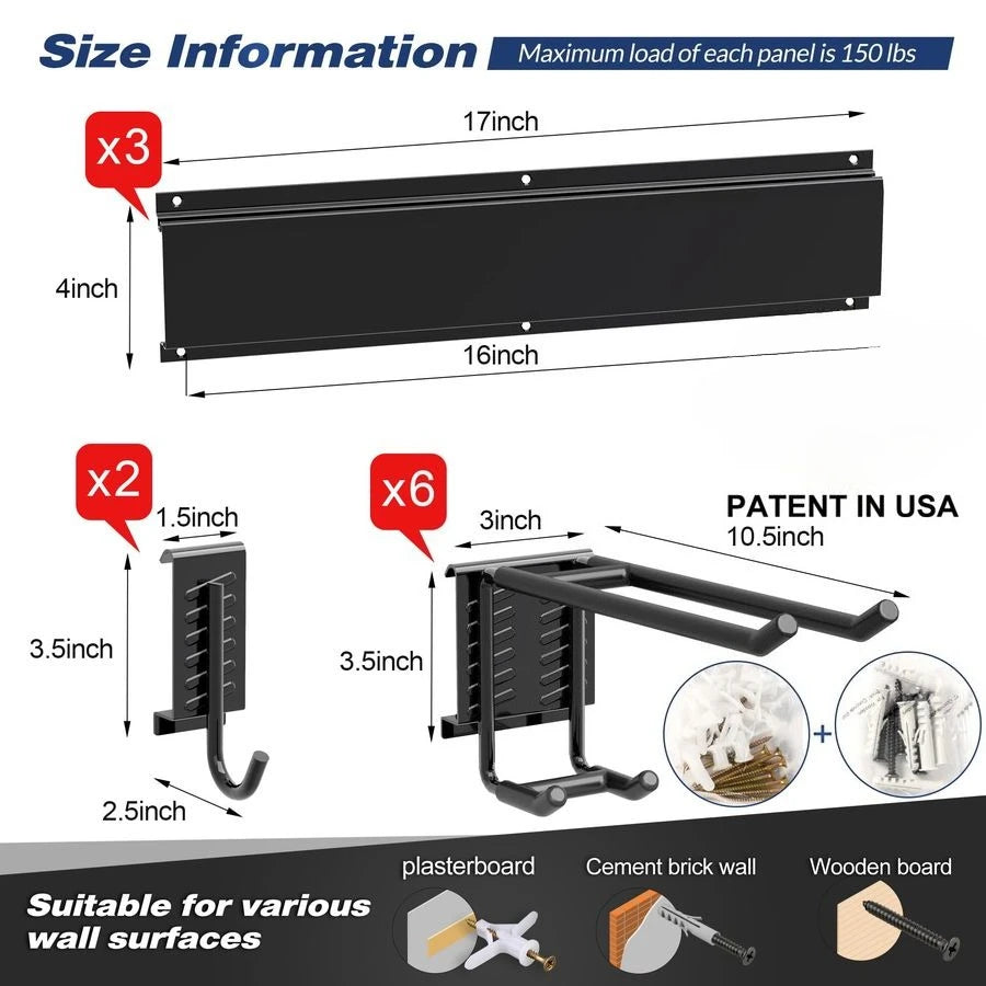Heavy Duty Garage Storage Rack System, Wall Mounted Tool Organizer with 8 Double Hooks, 3 Rails, Garden Yard Tools Hanger for Sk