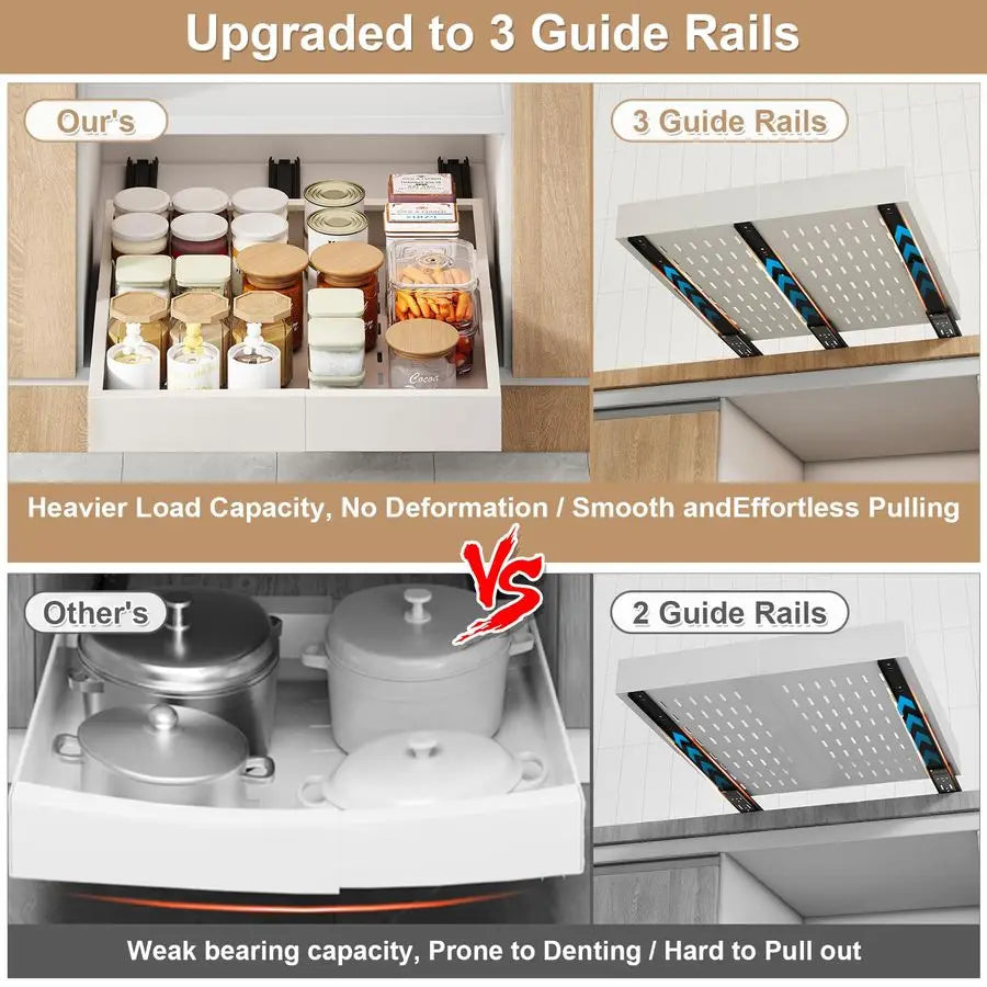 slide out Cabinet Organizer,Width 1421 and Depth 1724 Expandable With 3 Rails,No Drill Adjustable Slide out Drawers for Kitchen,Pantry