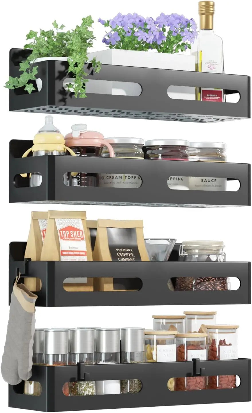 Seven Blue 4-Piece Magnetic Spice Refrigerator Rack with Hooks, Black  Rugged multi-purpose magnetic rack for kitchen and bathroom organization. Includes 4 removable hooks for hanging items.