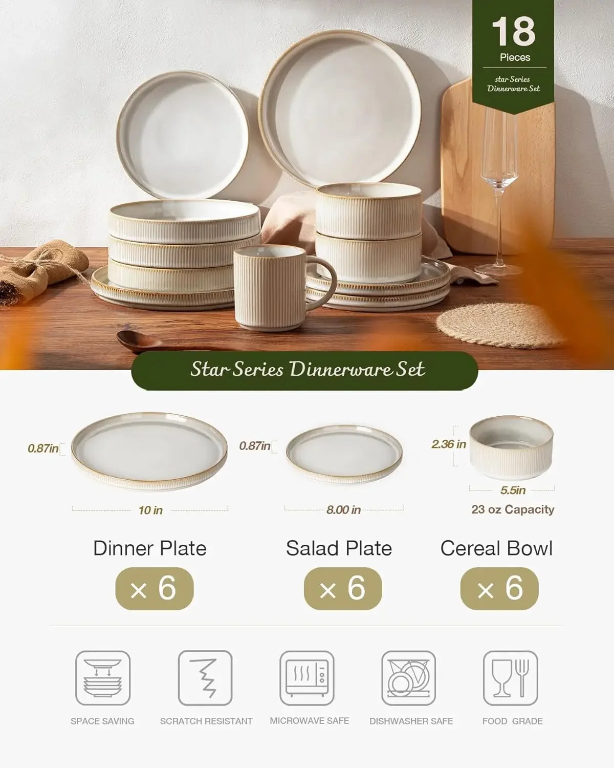 Star Plates and Bowls Sets, Modern Stoneware Dinnerware Sets for 6, 18-Piece Kitchen Dish Set - Chip and Scratch Resistant