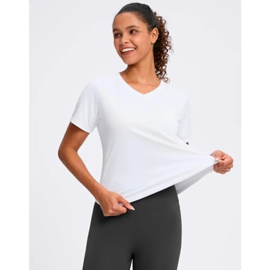 Womens Workout Shirts V-Neck Short Sleeve UPF 50+ Sun Shirt Moisture Wicking Dry Fit Top for Gym, Running, Athletic