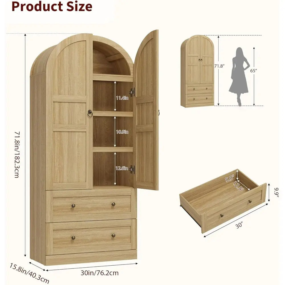 72 High Freestanding Farmhouse Kitchen Pantry Cabinet with Doors, Drawers, and Shelves, Natural Wood Storage for Dining & Living