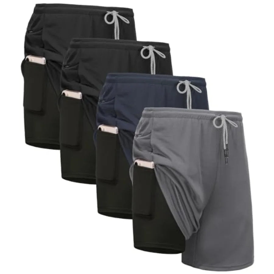 4 Pack Mens 2 in 1 Running Workout Shorts with Liner, Gym Athletic Quick Dry Sport Shorts with Pockets
