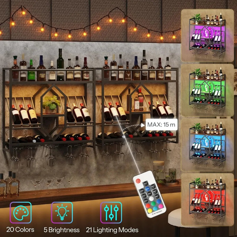 Wall Mounted Wine Rack with LED Light, 3 Tier Display Shelf, Hanging Liquor Storage for Kitchen and Bar