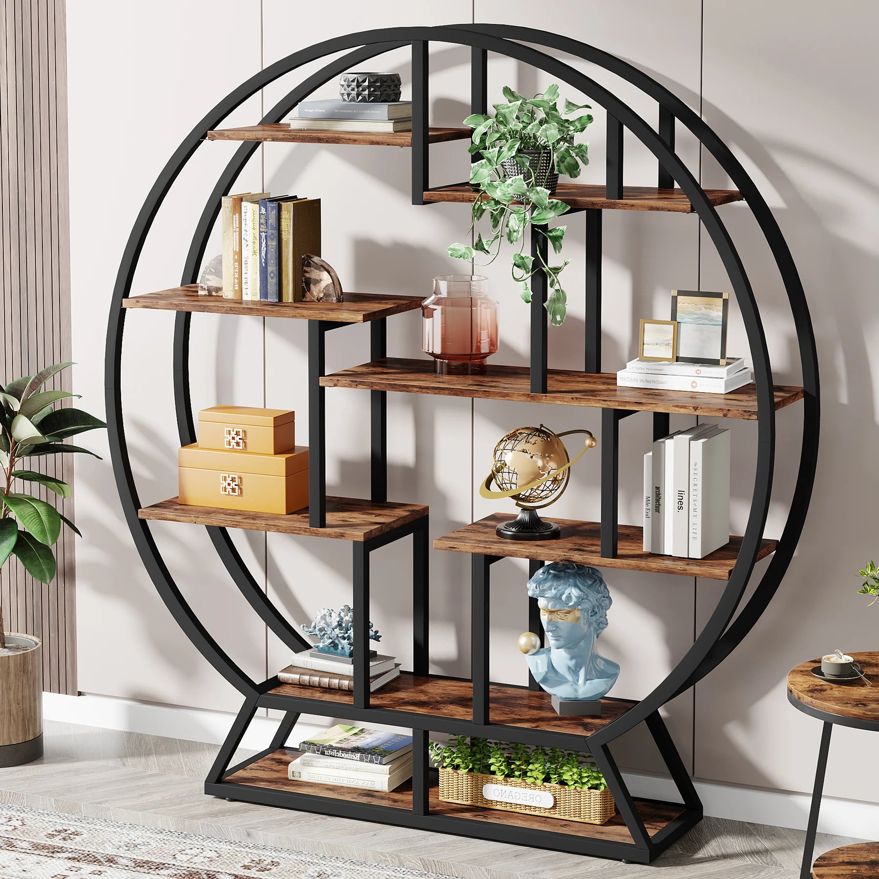 Tribesigns Bookshelf, Round Bookshelves Etagere c, 63-Inch Industrial Wood Book Shelf with Staggered Shelves