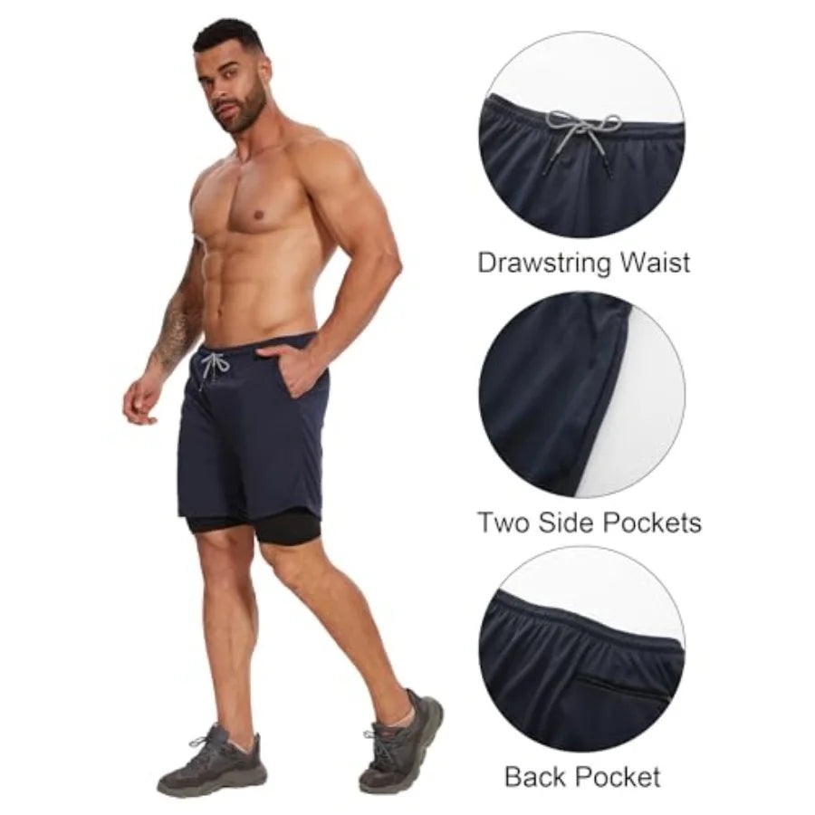 4 Pack Mens 2 in 1 Running Workout Shorts with Liner, Gym Athletic Quick Dry Sport Shorts with Pockets