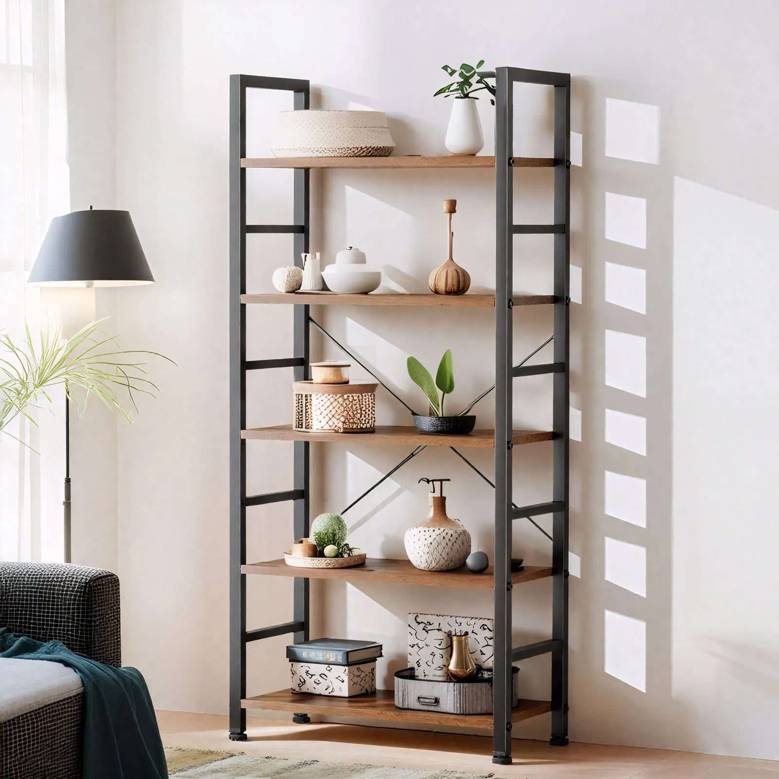 Bookshelf, 5 Tier Bookshelves, Home Office Bookcase Shelf Storage Organizer, Free Standing Storage Shelving Unit for Bedroom, Living Room and Home Office, Vintage