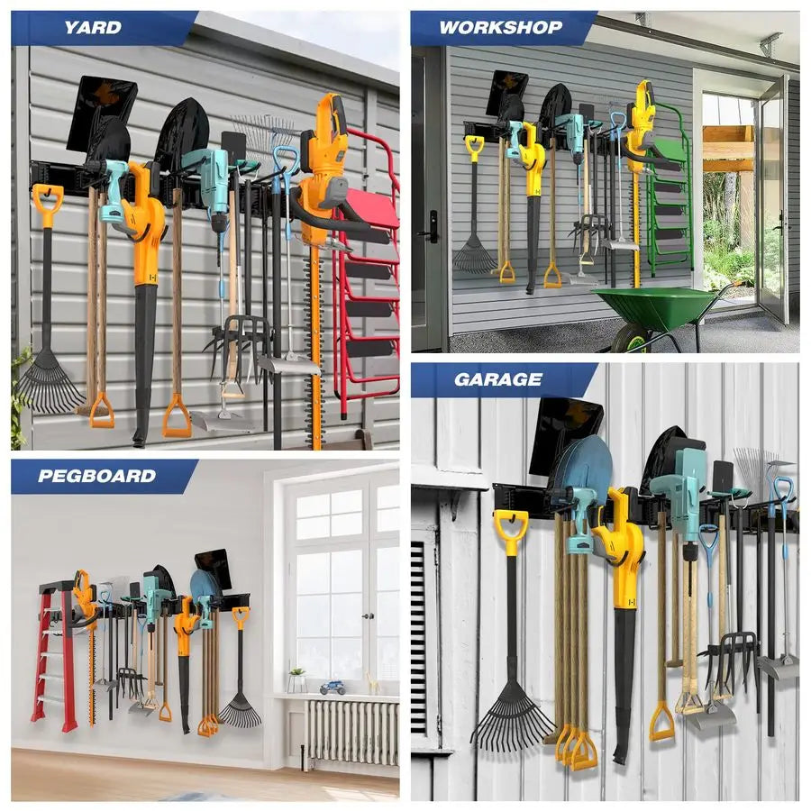 Heavy Duty Garage Storage Rack System, Wall Mounted Tool Organizer with 8 Double Hooks, 3 Rails, Garden Yard Tools Hanger for Sk