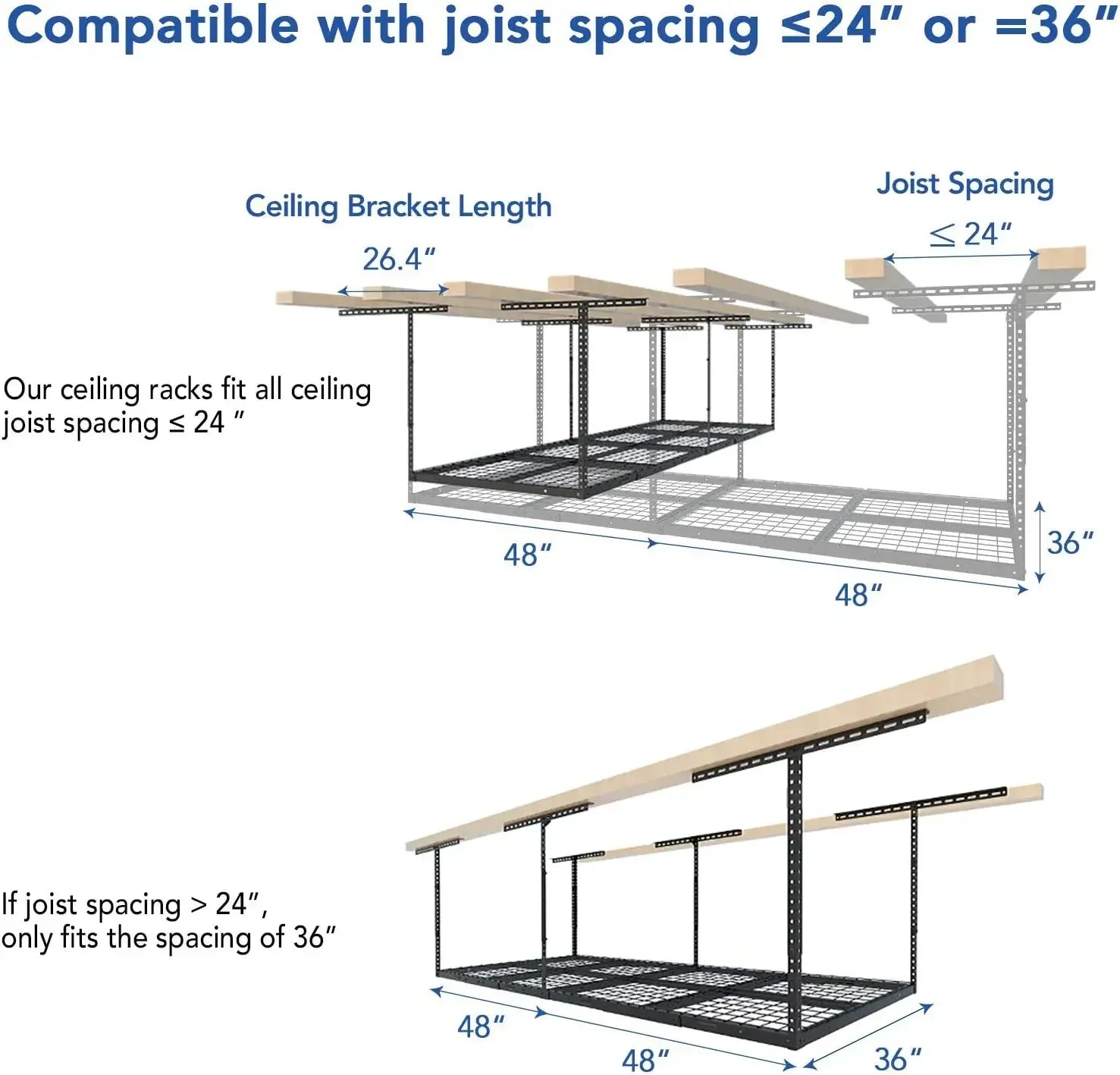 3x8 Overhead Garage Ceiling Storage Rack, Adjustable Garage Organization System, Heavy Duty Metal, 600lbs Weight Capacity, Black