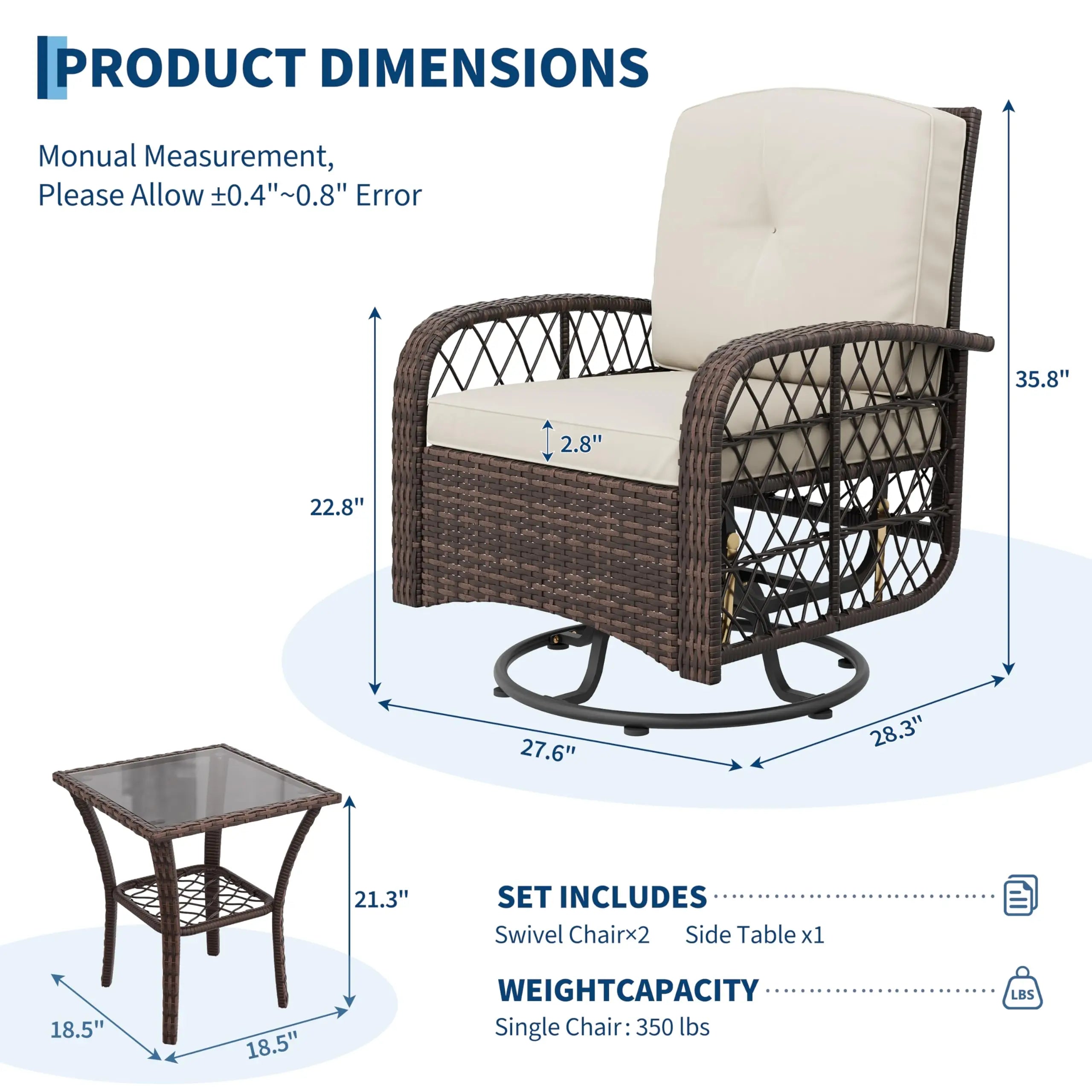 Outdoor Wicker Conversation Set, 3 PCS Swivel Rocker Chairs With Thick Cushions & Tempered Glass Table For Balcony Porch Patio