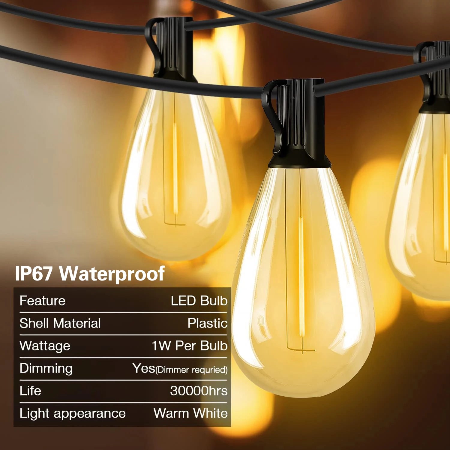 100FT S14 LED String Lights, 24 Bulbs, 2700K Warm White, E12 Base, Black Cord, High Voltage Outdoor Patio Lights