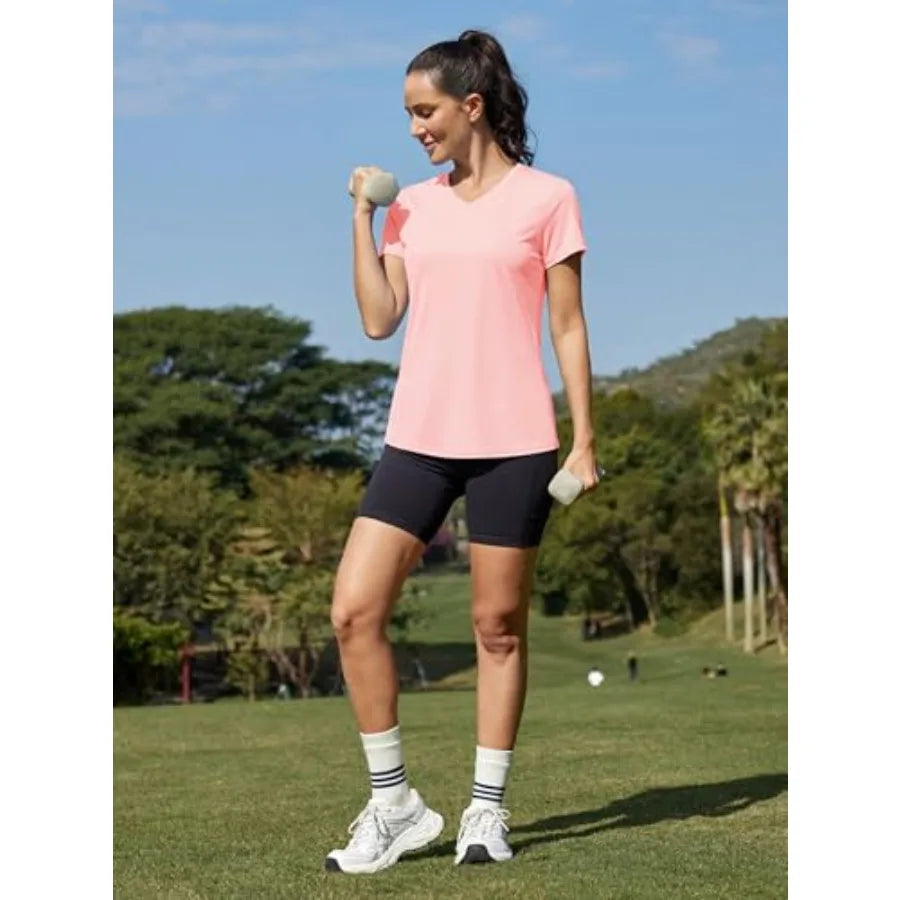 Women's Workout Tops Short Sleeve UPF 50+ Athletic Shirts Quick Dry V-Neck T-Shirt Moisture Wicking Gym Tee