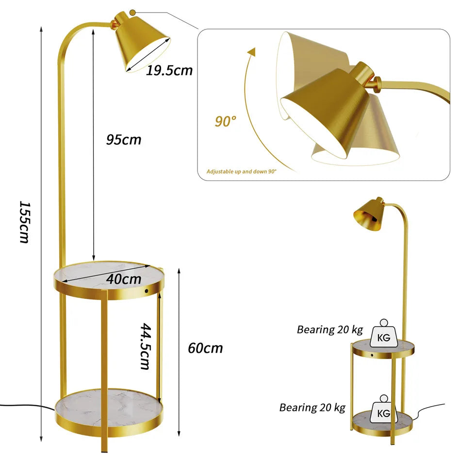 Modern Gold 2-Tier Tall Standing Floor Lamp with Storage Table Reading Light for Bedroom Office Living Room Reading Light