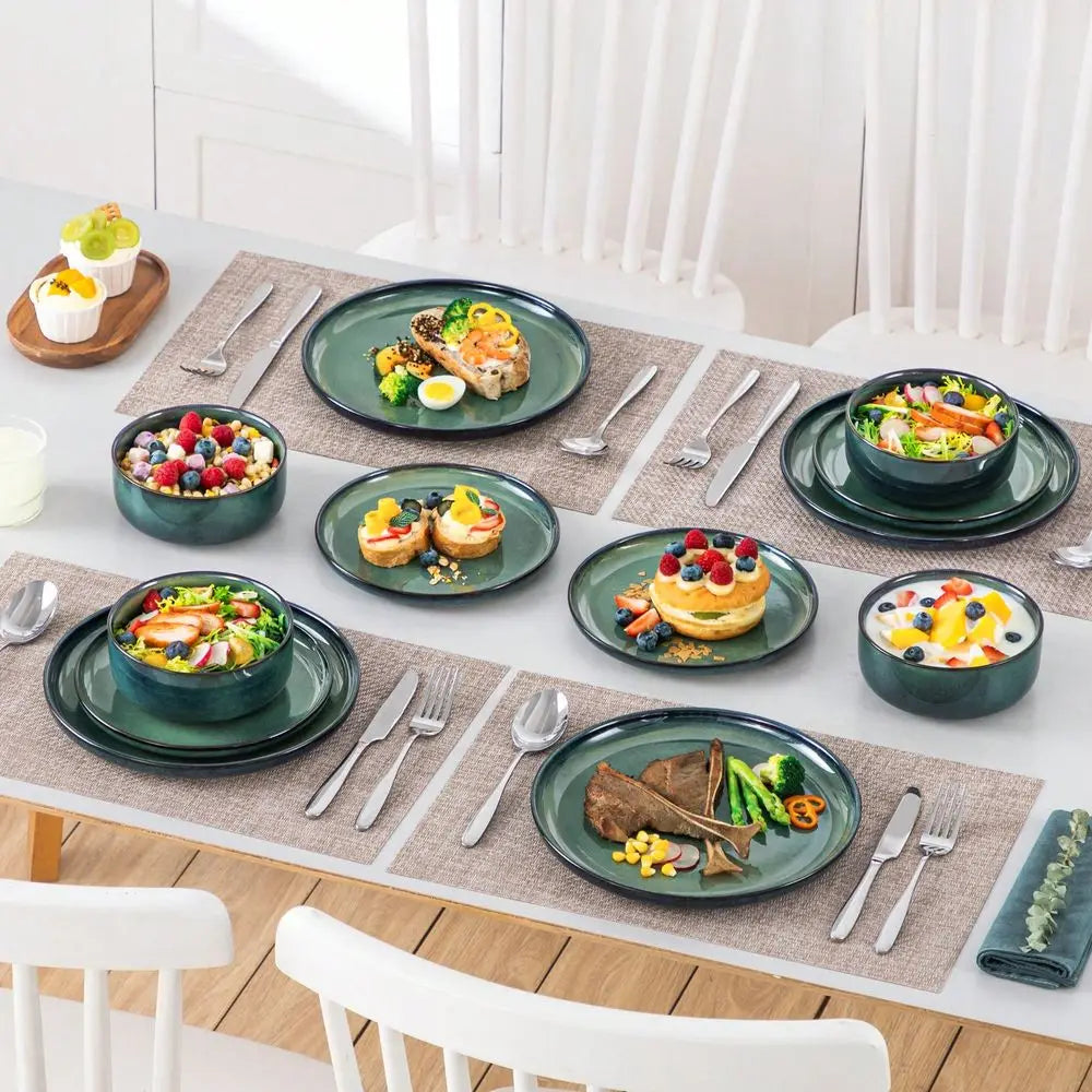 12 Pieces Kitchen Dinnerware Set, Green Set, Stoneware Dinnerware, Plate And Bowl Set For 4 Person, Round Plate With Vertical E