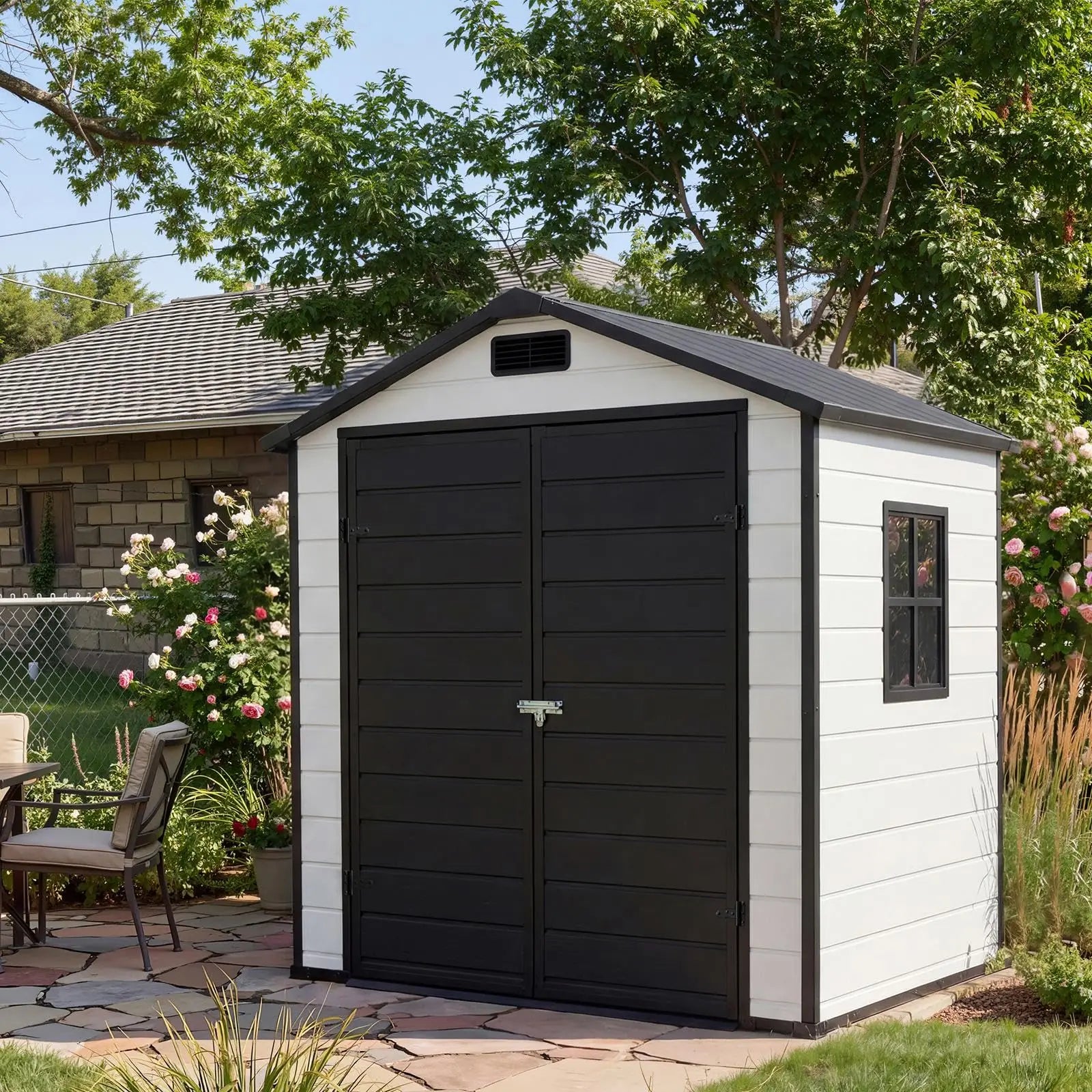 6x4 FT Resin Outdoor Storage Shed, Double Wall Waterproof Lockable Garden Tool Shed With Window, Double Doors For Bike Lawn Mower Patio