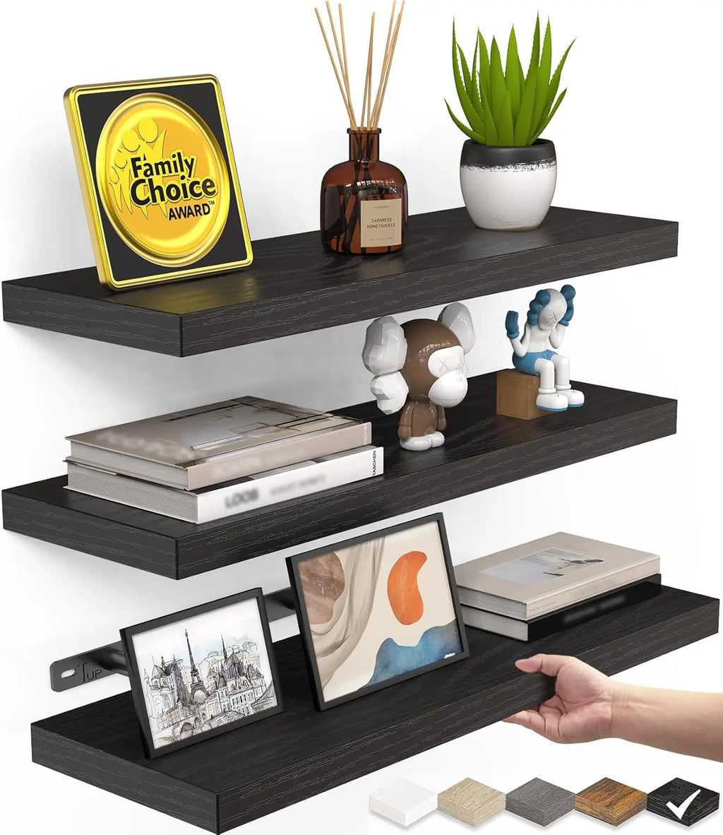 Rustic Wood Floating Shelves Set of 3, Wall Mounted for Bathroom Bedroom Living Room Kitchen, Holds 22lbs, Black