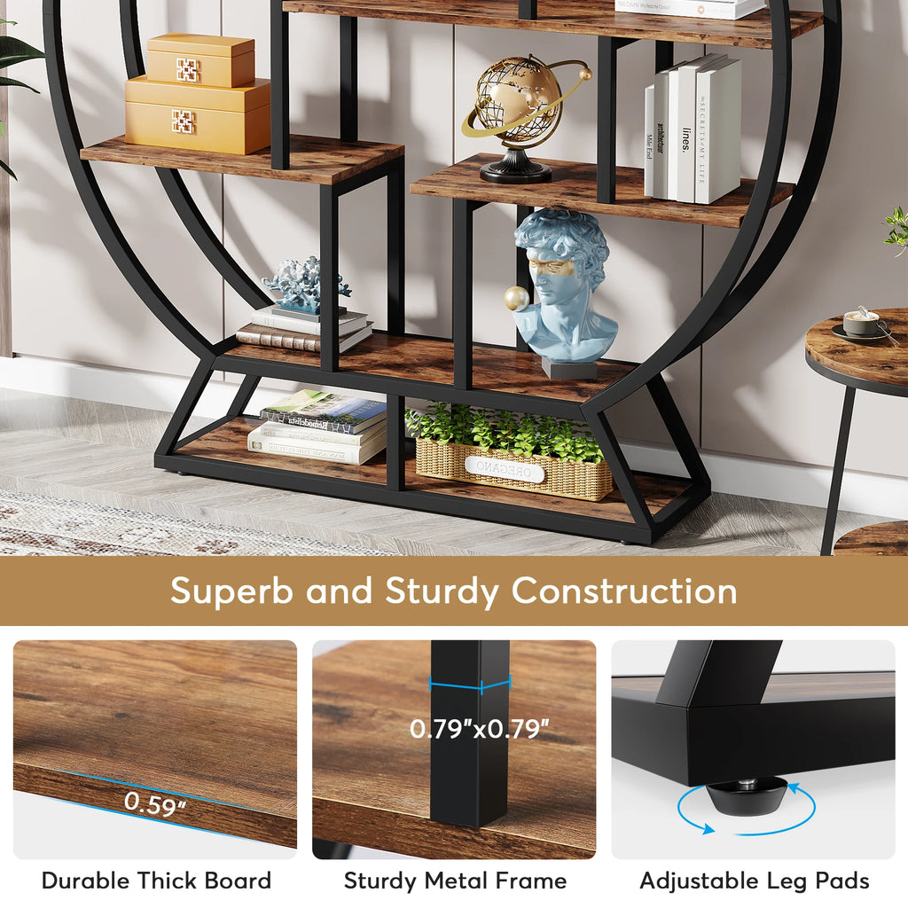 Tribesigns Bookshelf, Round Bookshelves Etagere c, 63-Inch Industrial Wood Book Shelf with Staggered Shelves
