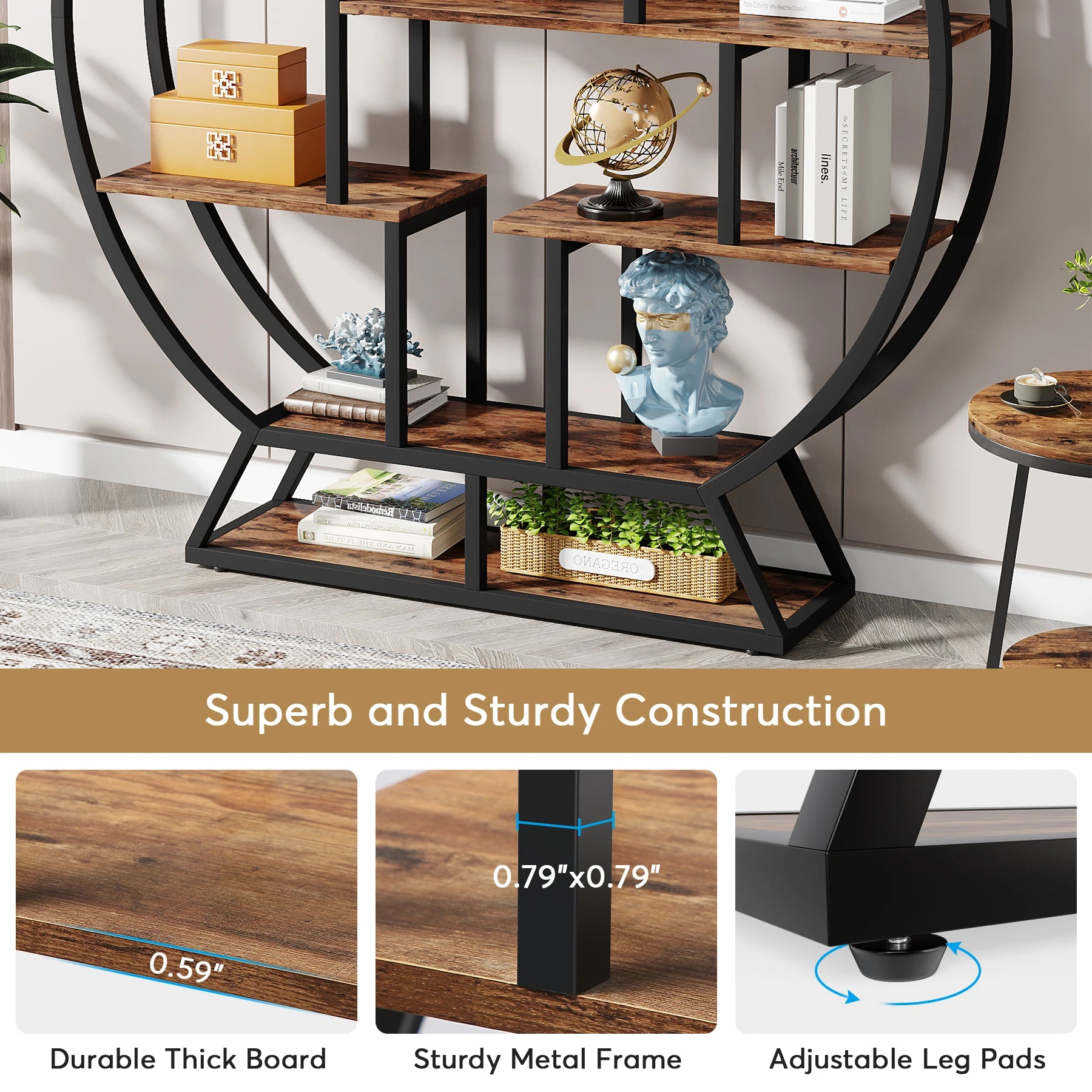 Tribesigns Bookshelf, Round Bookshelves Etagere c, 63-Inch Industrial Wood Book Shelf with Staggered Shelves