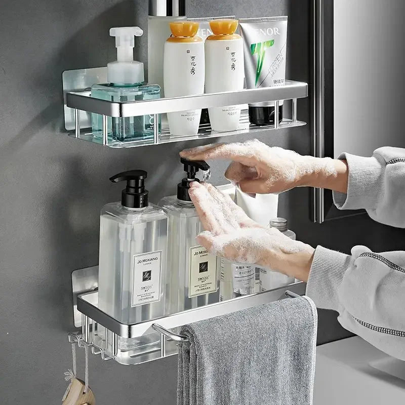 Bathroom Shelf & Kitchen Storage Organizer – Aluminum Alloy Shampoo Rack, Shower Shelf, No Drill Toilet & Bath Accessories.