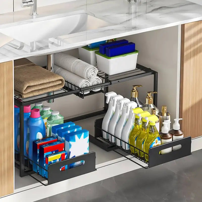 Under Sink Sliding Storage Organizer with 2 Drawers, Adjustable Multi-Level Shelf for Cabinet, Kitchen, Bathroom