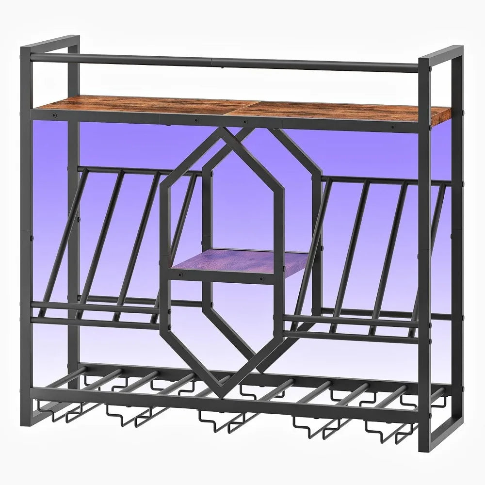 Wall Mounted Wine Rack with LED Light, 3 Tier Display Shelf, Hanging Liquor Storage for Kitchen and Bar
