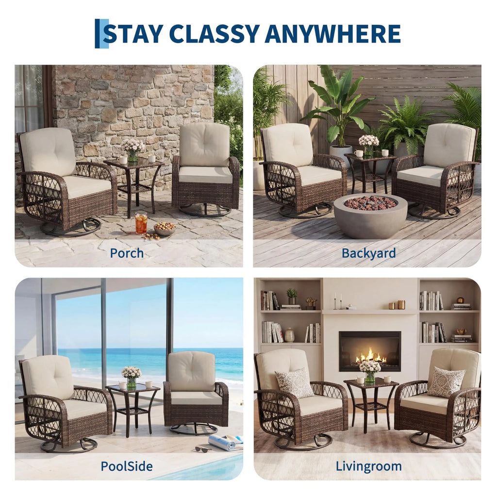 Outdoor Wicker Conversation Set, 3 PCS Swivel Rocker Chairs With Thick Cushions & Tempered Glass Table For Balcony Porch Patio