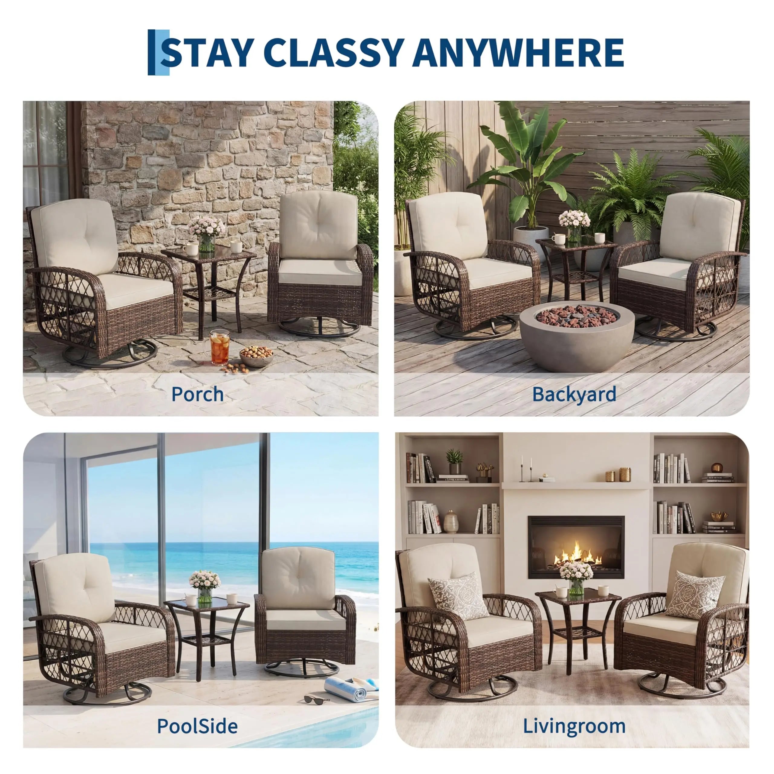 Outdoor Wicker Conversation Set, 3 PCS Swivel Rocker Chairs With Thick Cushions & Tempered Glass Table For Balcony Porch Patio