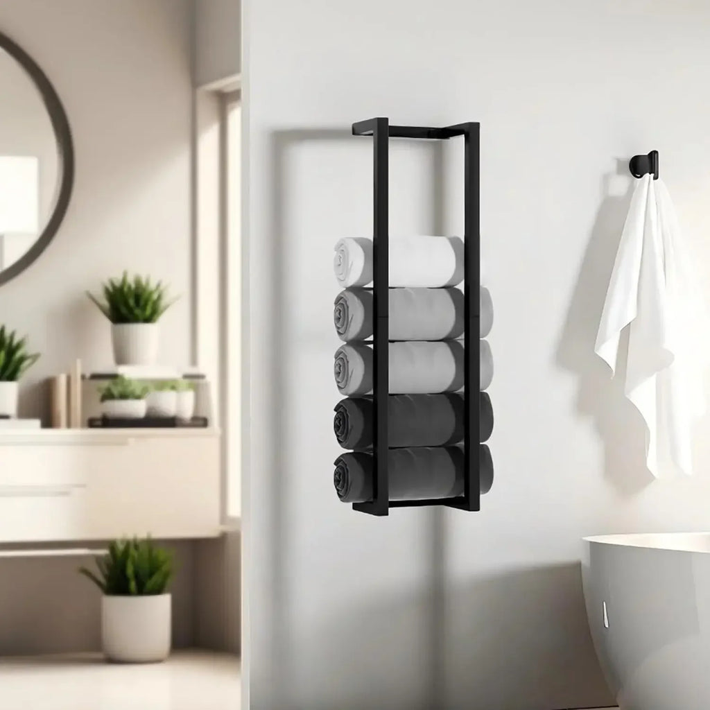 Bathroom towel rack 304 stainless steel towel storage rack, used to roll bath towels, can accommodate 6-8 large towels, wall-mounted 30-inch towel storage rack, used for small space black towel rack