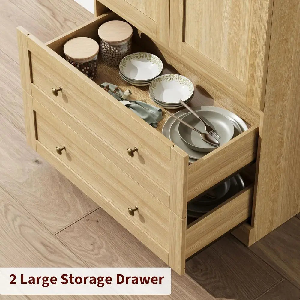 72 High Freestanding Farmhouse Kitchen Pantry Cabinet with Doors, Drawers, and Shelves, Natural Wood Storage for Dining & Living