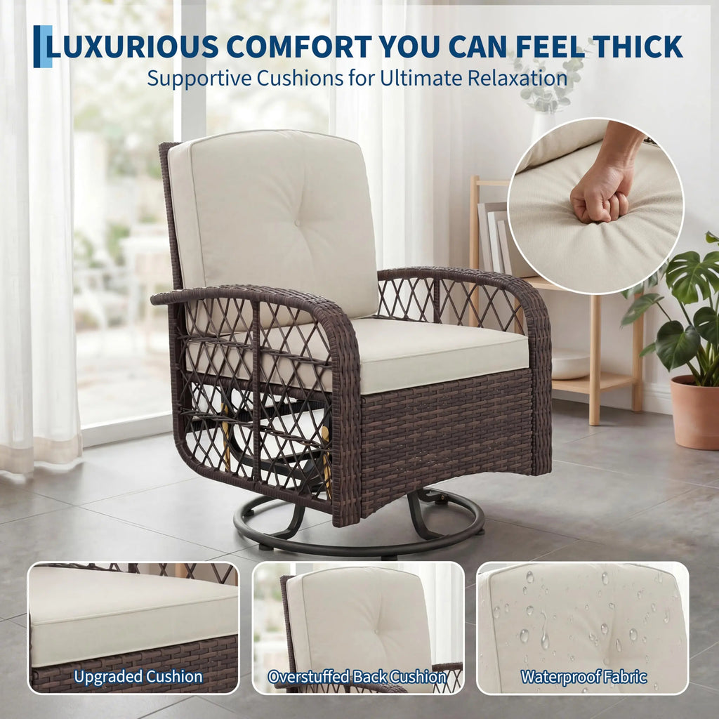 Outdoor Wicker Conversation Set, 3 PCS Swivel Rocker Chairs With Thick Cushions & Tempered Glass Table For Balcony Porch Patio