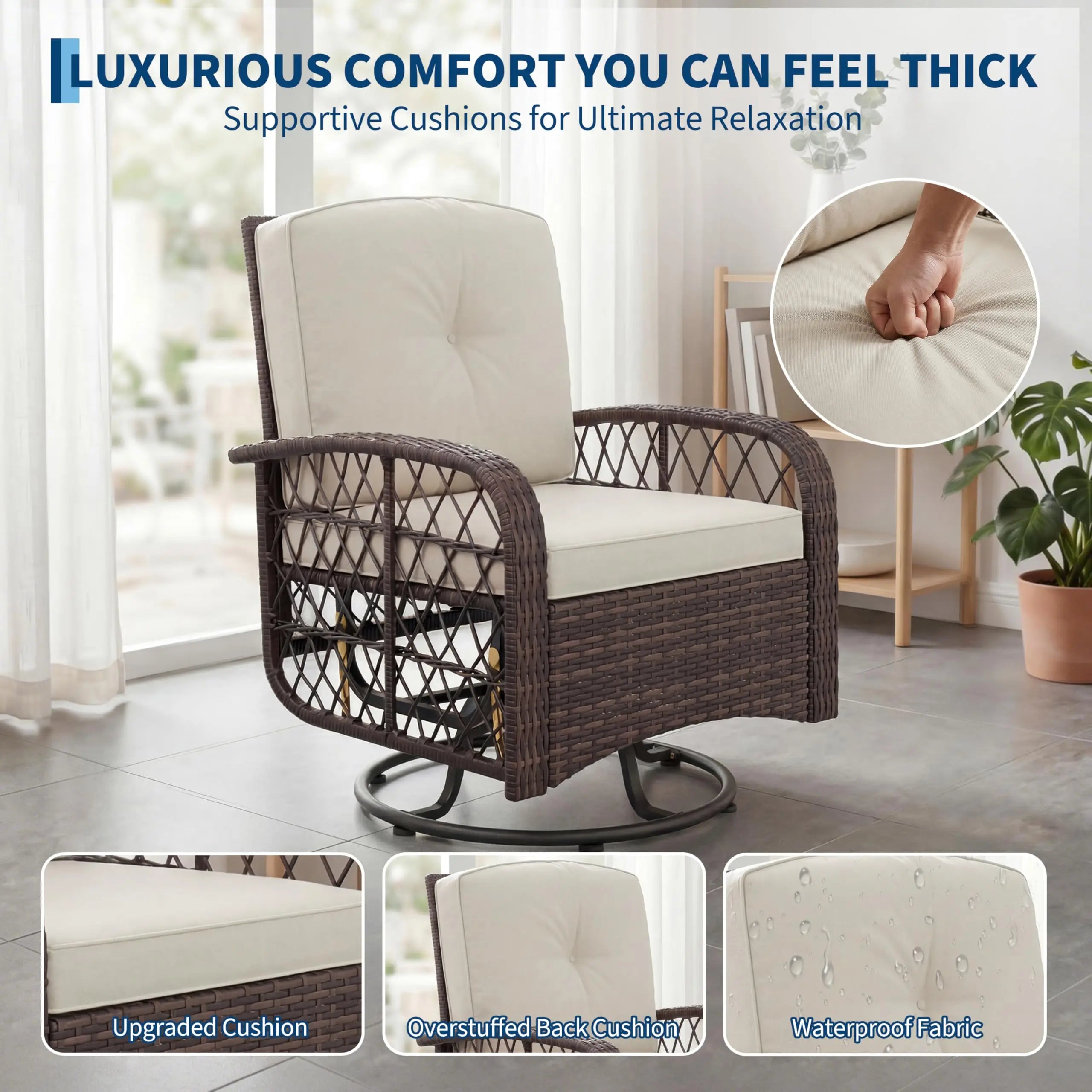 Outdoor Wicker Conversation Set, 3 PCS Swivel Rocker Chairs With Thick Cushions & Tempered Glass Table For Balcony Porch Patio