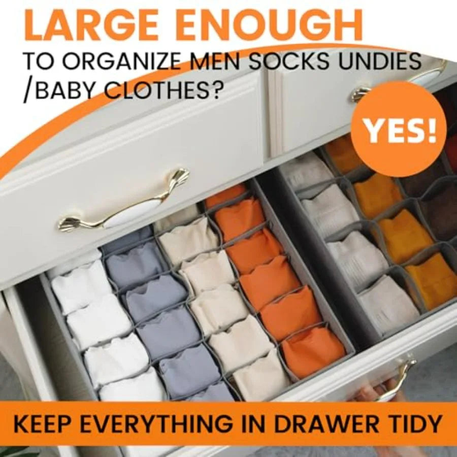 3 Pack Sock Underwear Drawer Organizer Dividers, 64 Cell Fabric Foldable Dresser Organizer for Closet Organizers and Storage Bo