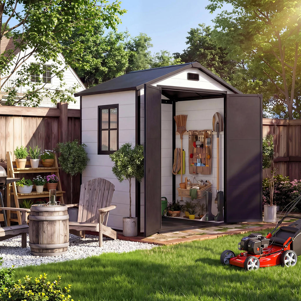 6x4 FT Resin Outdoor Storage Shed, Double Wall Waterproof Lockable Garden Tool Shed With Window, Double Doors For Bike Lawn Mower Patio