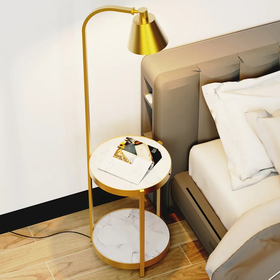Modern Gold 2-Tier Tall Standing Floor Lamp with Storage Table Reading Light for Bedroom Office Living Room Reading Light