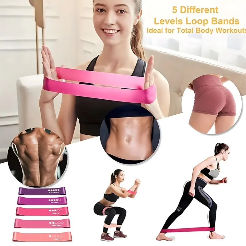 5 Pcs Pink Resistance Bands Set, Workout Bands for Leg Butt Exercise, Elastic Fitness Loop for Home Gym
